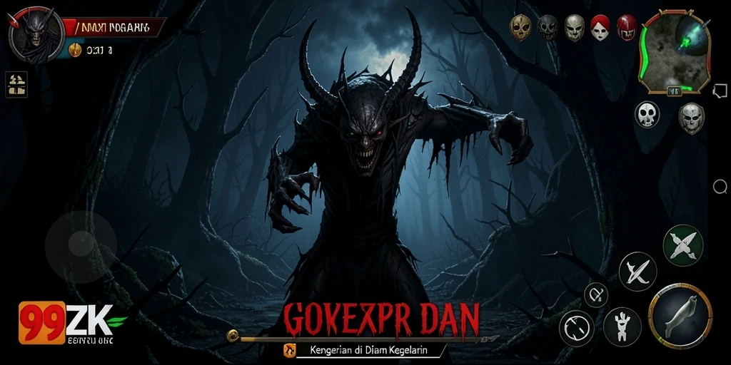 Screenshot dari gameplay 99ZK yang menegangkan dengan elemen horror yang kuat.