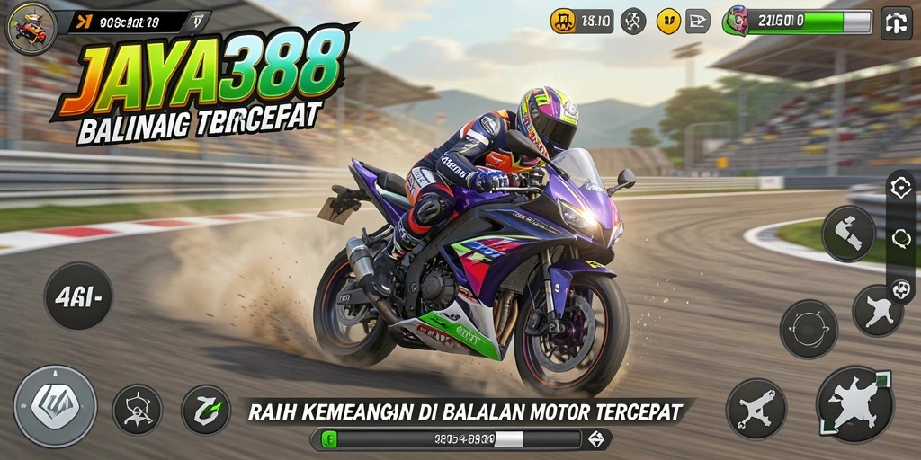 Screenshot gameplay JAYA388 menunjukkan balapan motor yang intens dan mendebarkan.