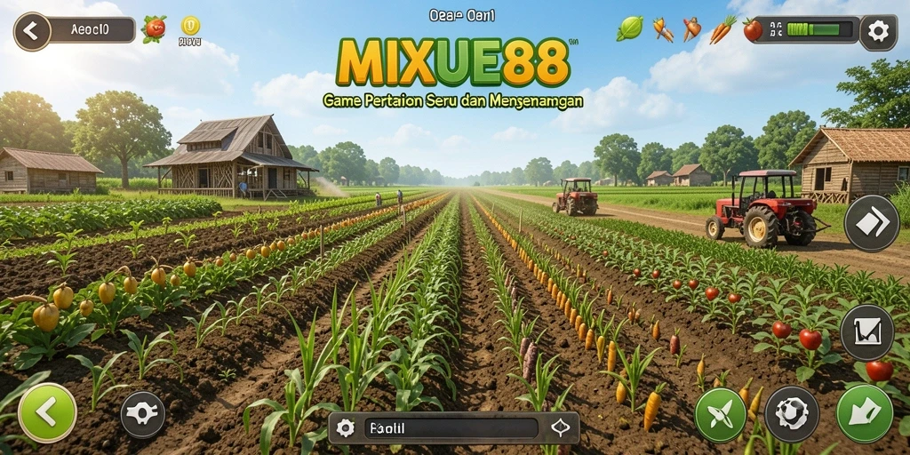 Tampilan gameplay MIXUE88 dengan kebun yang indah dan tanaman yang subur.