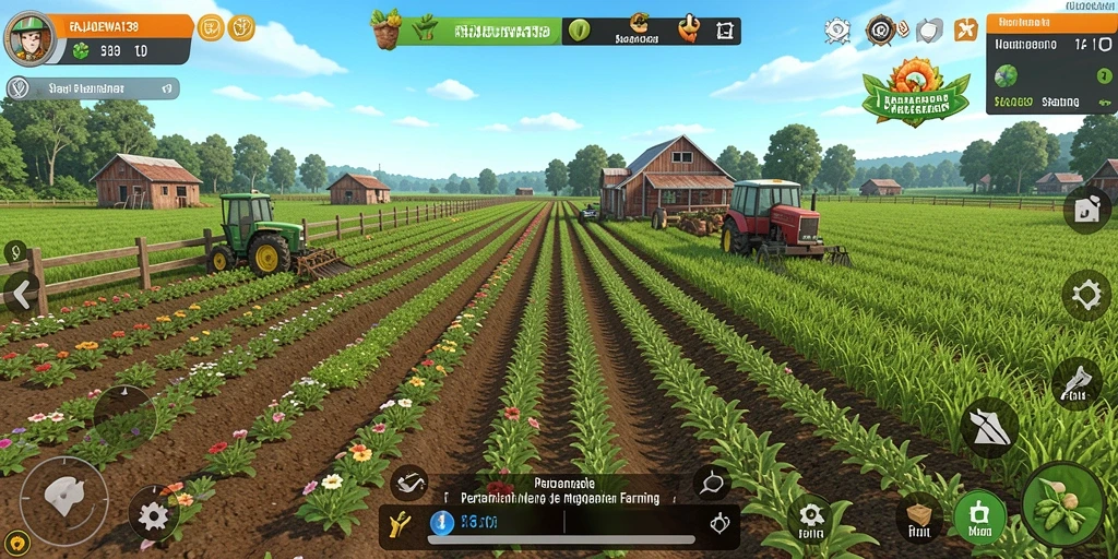 Screenshot utama RAJADEWA138 menampilkan pemandangan ladang yang subur dan aktivitas bertani yang dinamis.